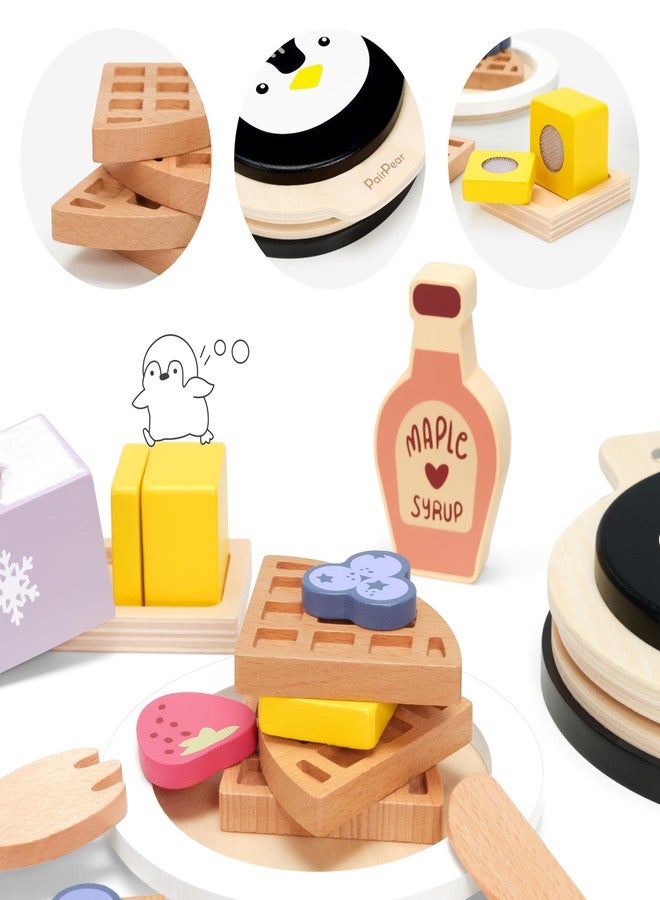 PairPear Wooden Waffle Maker Toy Food Playset, Kids Pretend Play Food Kitchen Accessories, Wooden Cooking Toy Baking Playset, Toddler Play Breakfast Brunch Tea Sets Cutting Food Gift for Girls Boys 3+ - Image 5